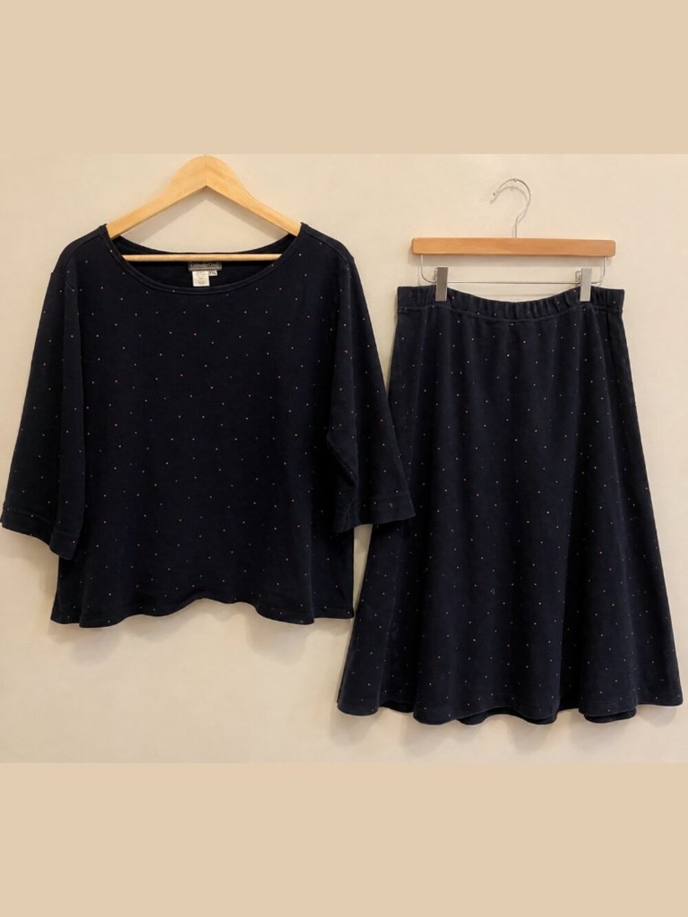 Vintage Coldwater Creek Set — 100% Cotton, Navy Polka Dot Top & Skirt PXL
